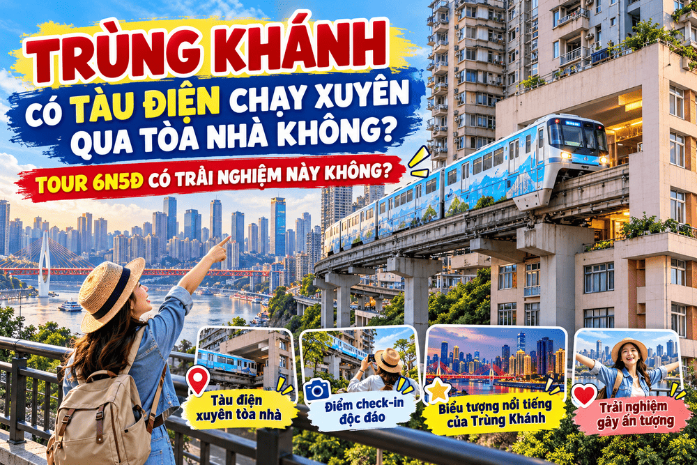 TRÙNG KHÁNH CÓ TÀU ĐIỆN CHẠY XUYÊN QUA TÒA NHÀ KHÔNG? TOUR 6N5Đ CÓ TRẢI NGHIỆM NÀY KHÔNG?
